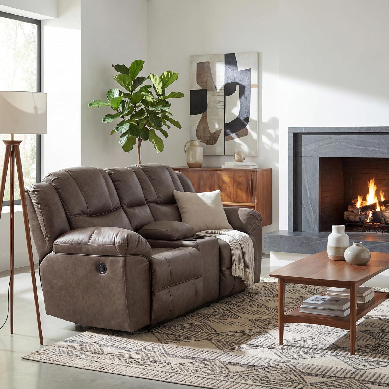imageSignature Design by Ashley Windsley Casual Faux Leather Pull Tab Reclining Sofa with PillowTop Arms Dark BrownReclining Loveseat with Console
