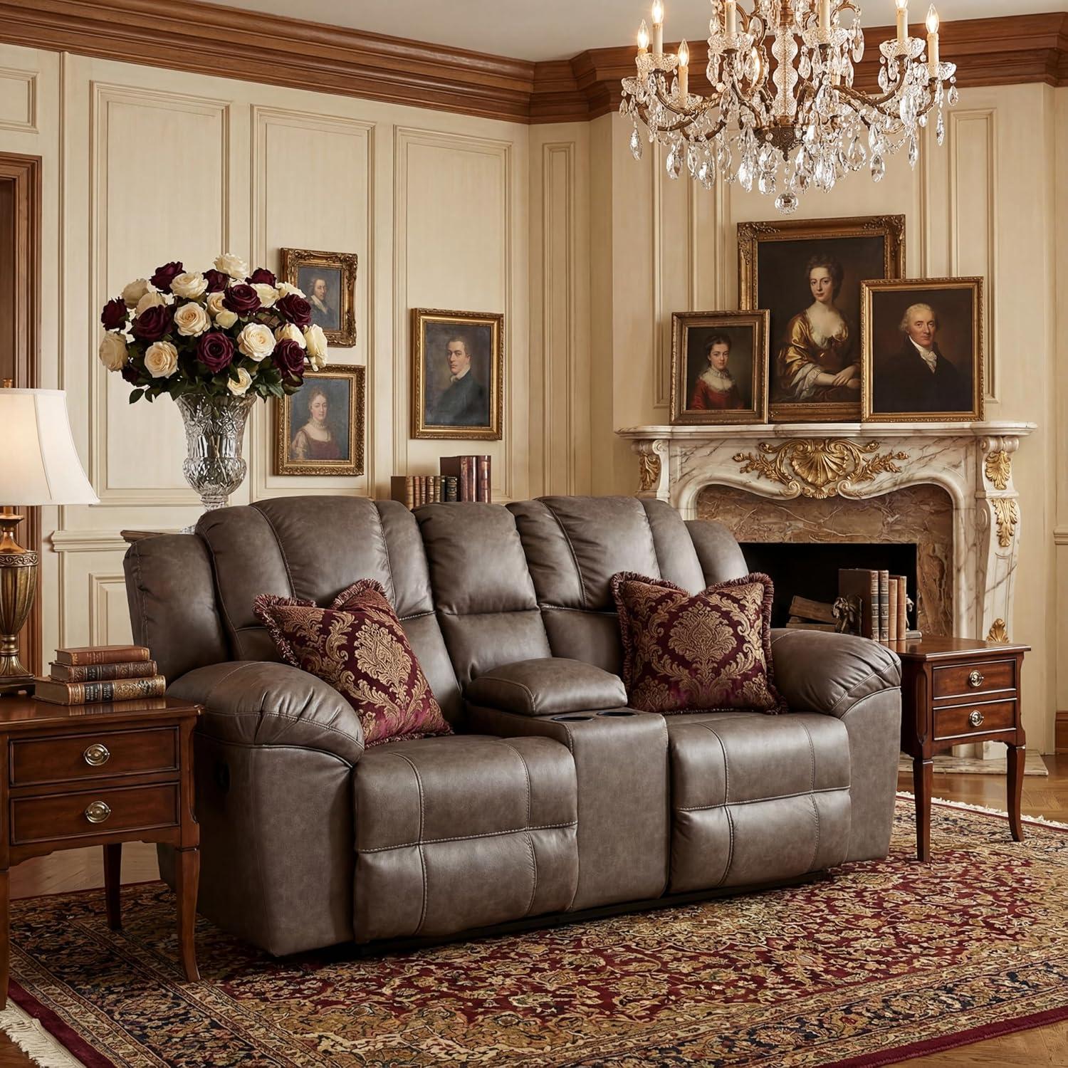 imageSignature Design by Ashley Windsley Casual Faux Leather Pull Tab Reclining Sofa with PillowTop Arms Dark BrownReclining Loveseat with Console