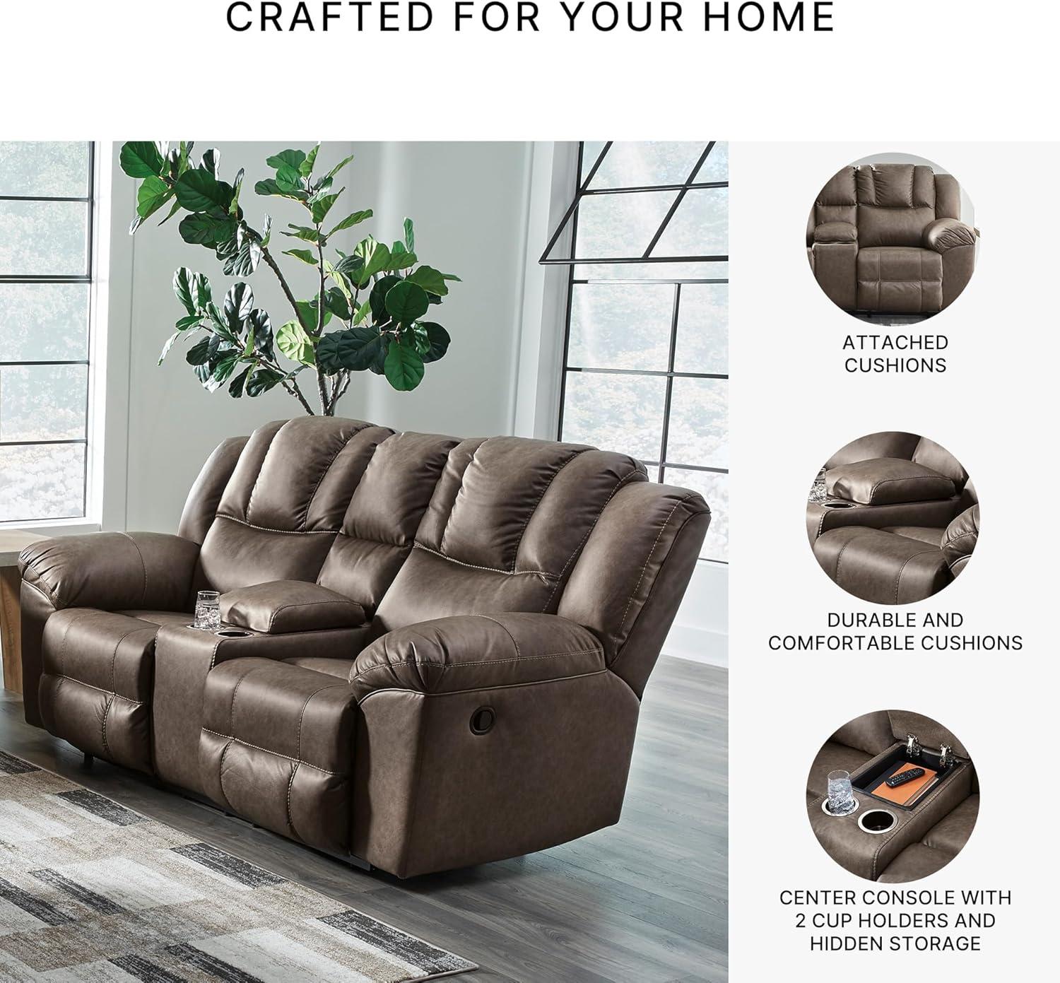 imageSignature Design by Ashley Windsley Casual Faux Leather Pull Tab Reclining Sofa with PillowTop Arms Dark BrownReclining Loveseat with Console