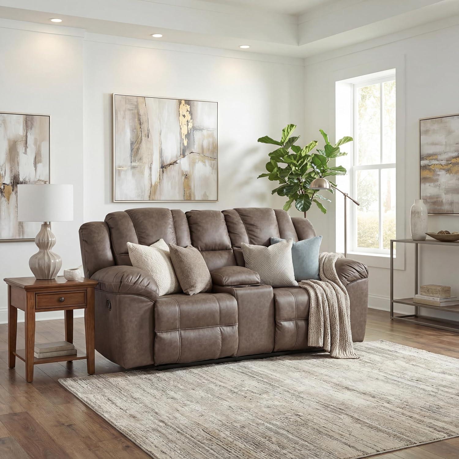 imageSignature Design by Ashley Windsley Casual Faux Leather Pull Tab Reclining Sofa with PillowTop Arms Dark BrownReclining Loveseat with Console