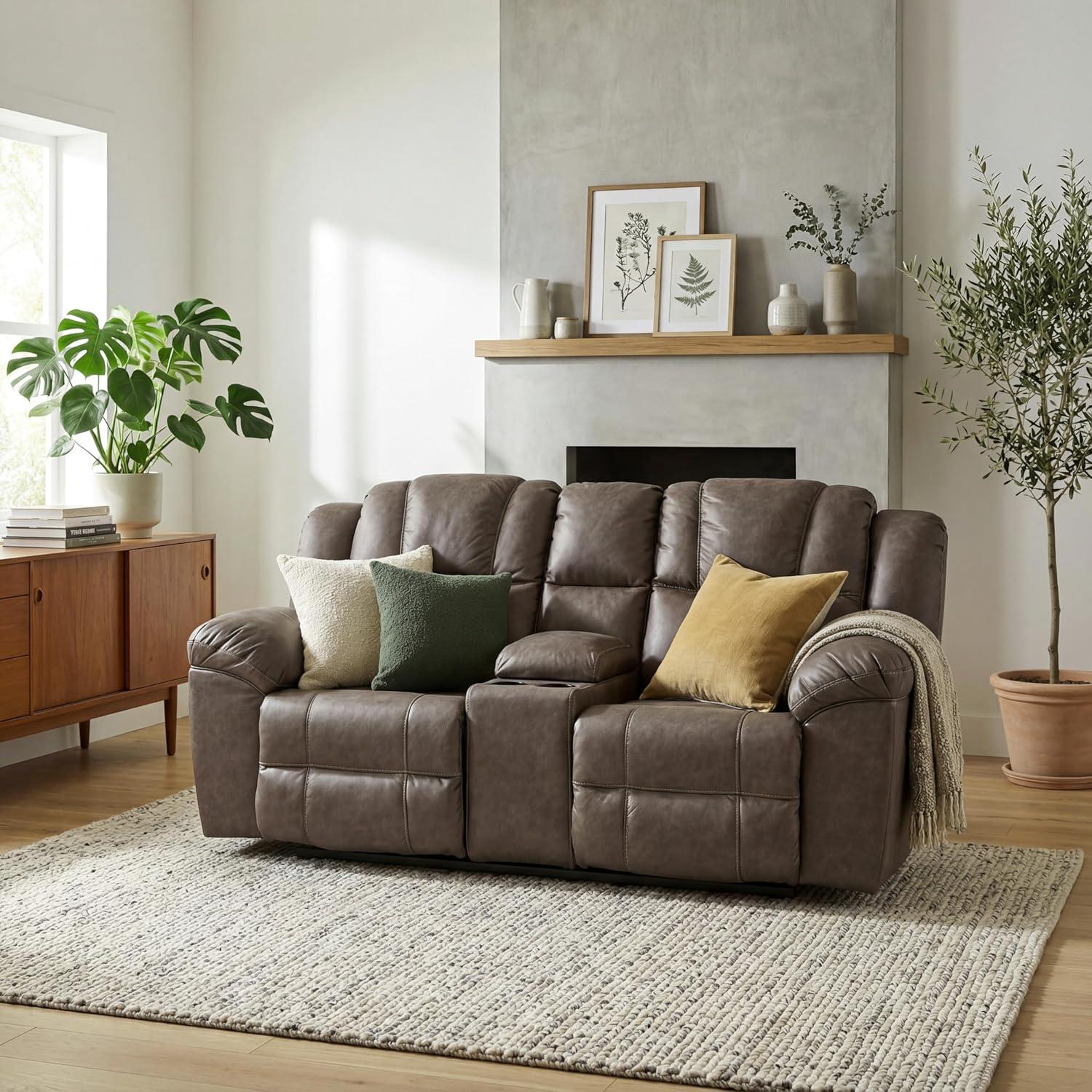 imageSignature Design by Ashley Windsley Casual Faux Leather Pull Tab Reclining Sofa with PillowTop Arms Dark BrownReclining Loveseat with Console