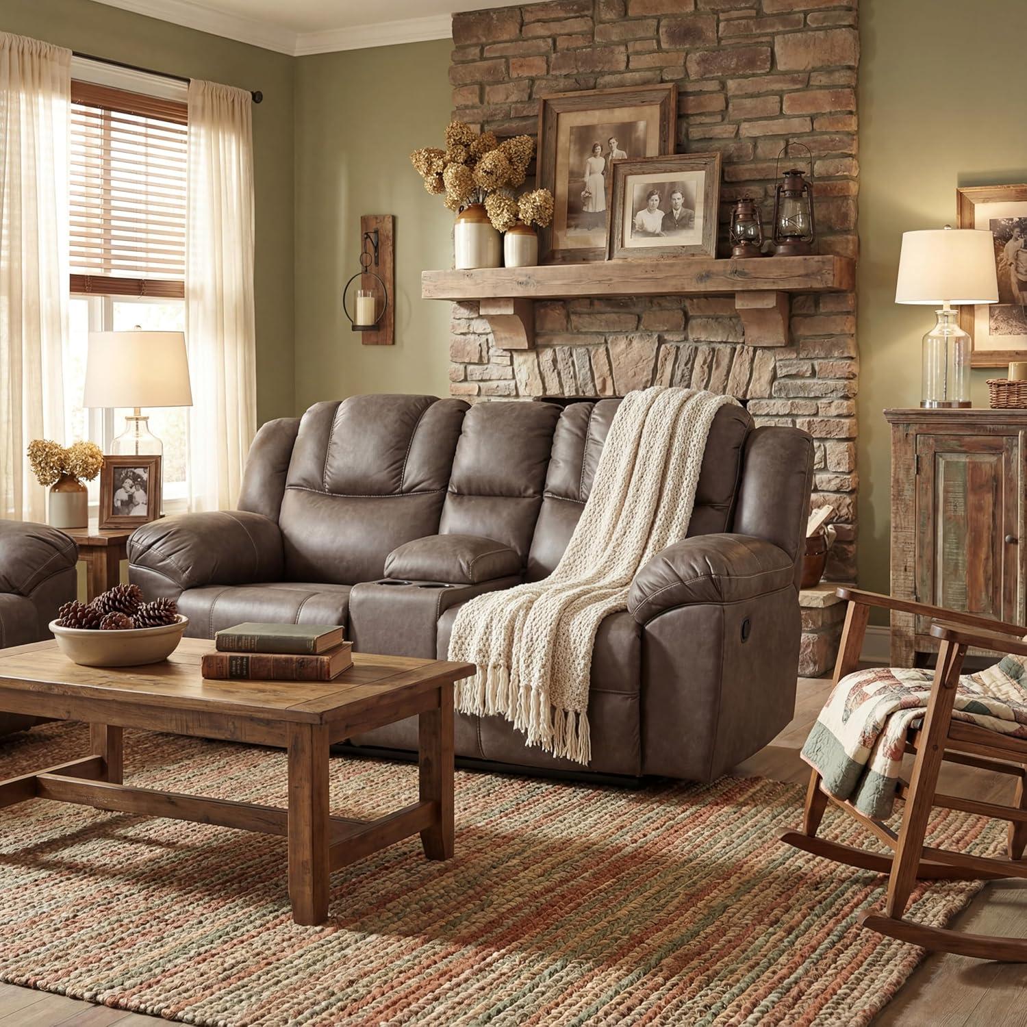 imageSignature Design by Ashley Windsley Casual Faux Leather Pull Tab Reclining Sofa with PillowTop Arms Dark BrownReclining Loveseat with Console