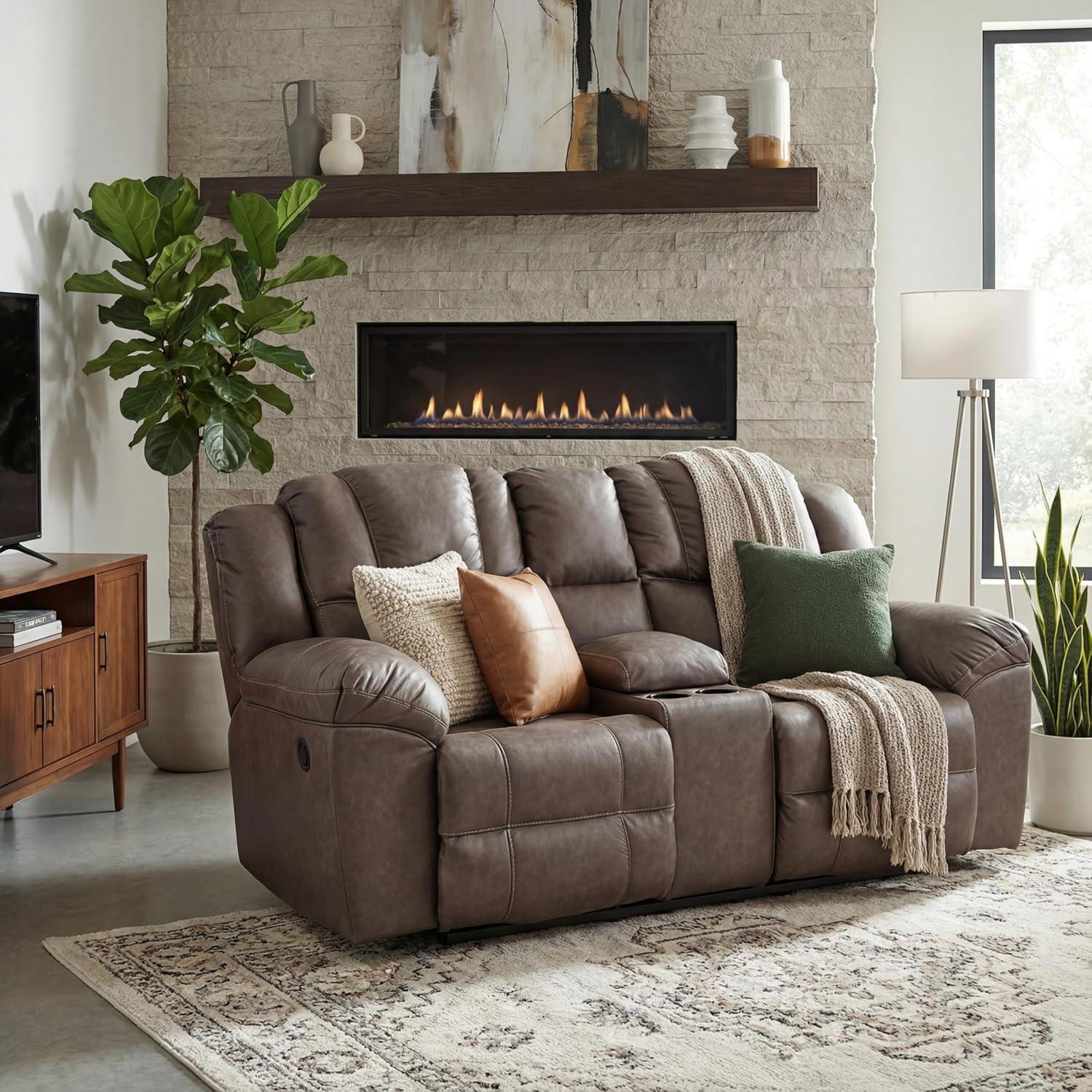 imageSignature Design by Ashley Windsley Casual Faux Leather Pull Tab Reclining Sofa with PillowTop Arms Dark BrownReclining Loveseat with Console