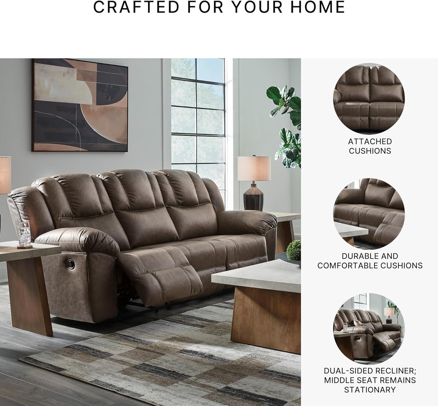 imageSignature Design by Ashley Windsley Casual Faux Leather Pull Tab Reclining Sofa with PillowTop Arms Dark BrownReclining Sofa