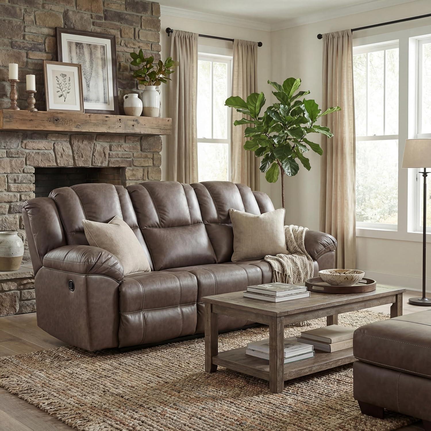 imageSignature Design by Ashley Windsley Casual Faux Leather Pull Tab Reclining Sofa with PillowTop Arms Dark BrownReclining Sofa