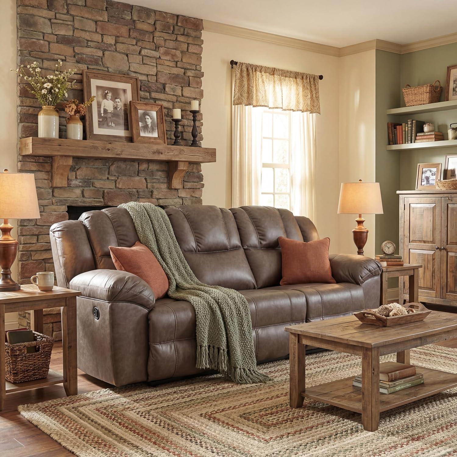 imageSignature Design by Ashley Windsley Casual Faux Leather Pull Tab Reclining Sofa with PillowTop Arms Dark BrownReclining Sofa