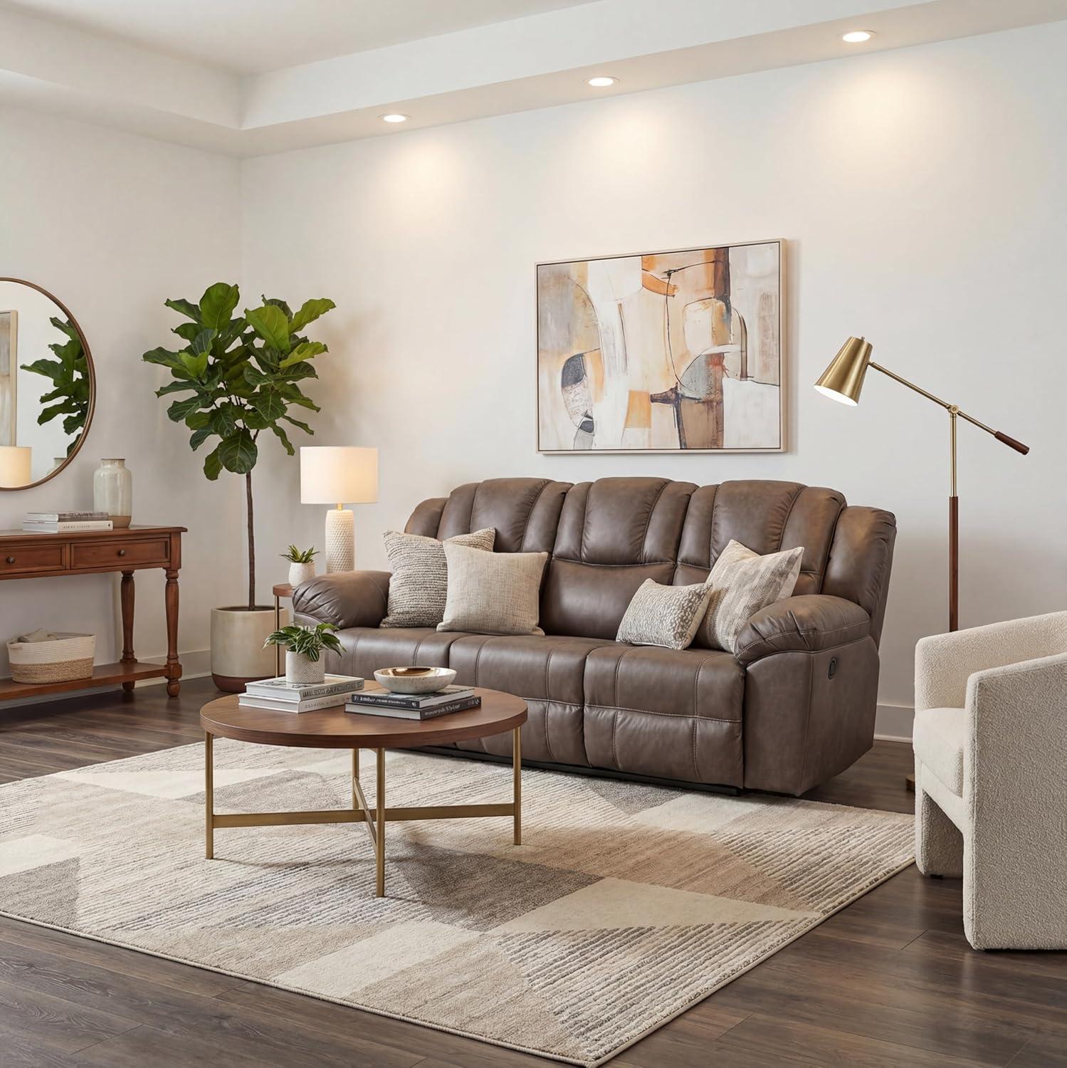 imageSignature Design by Ashley Windsley Casual Faux Leather Pull Tab Reclining Sofa with PillowTop Arms Dark BrownReclining Sofa