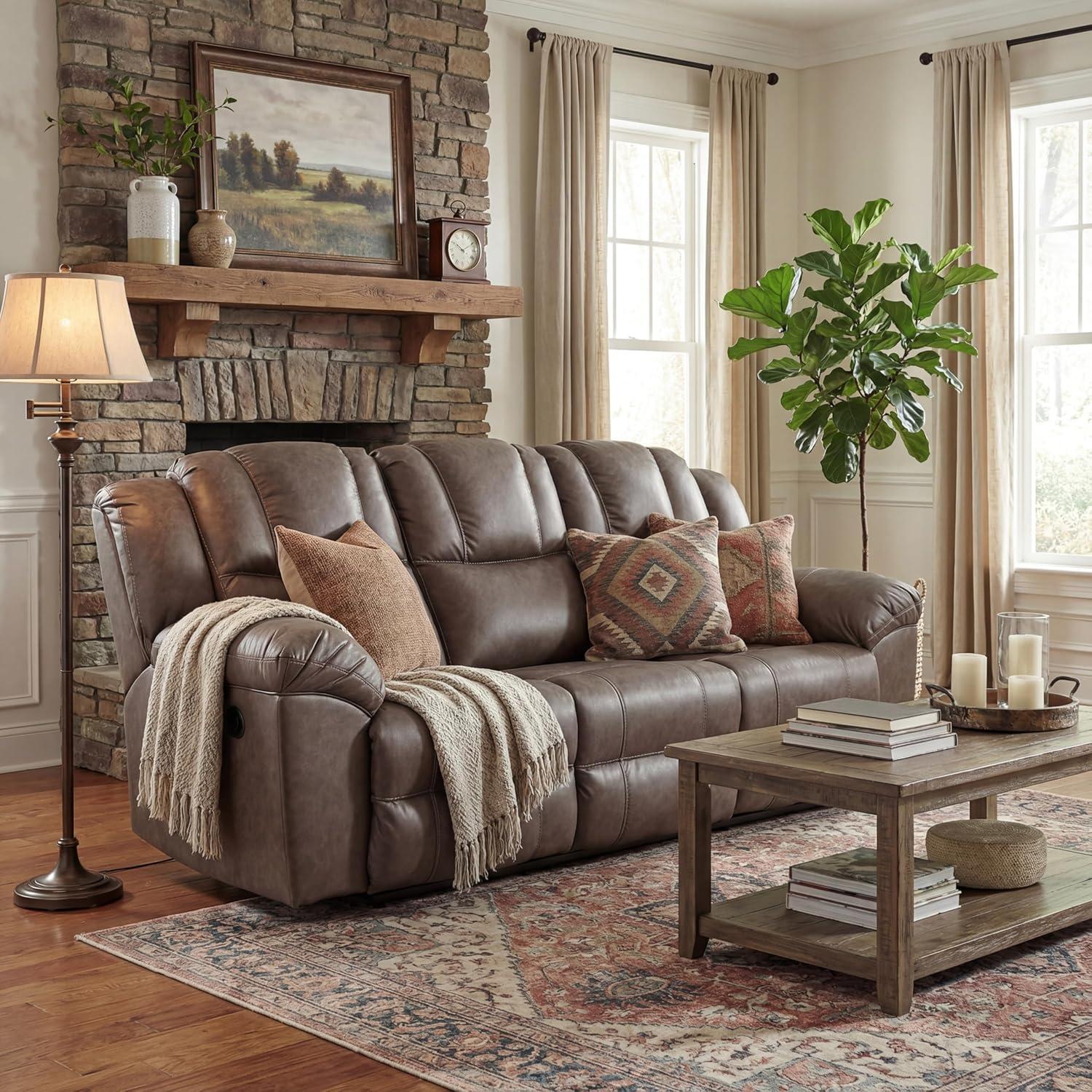 imageSignature Design by Ashley Windsley Casual Faux Leather Pull Tab Reclining Sofa with PillowTop Arms Dark BrownReclining Sofa