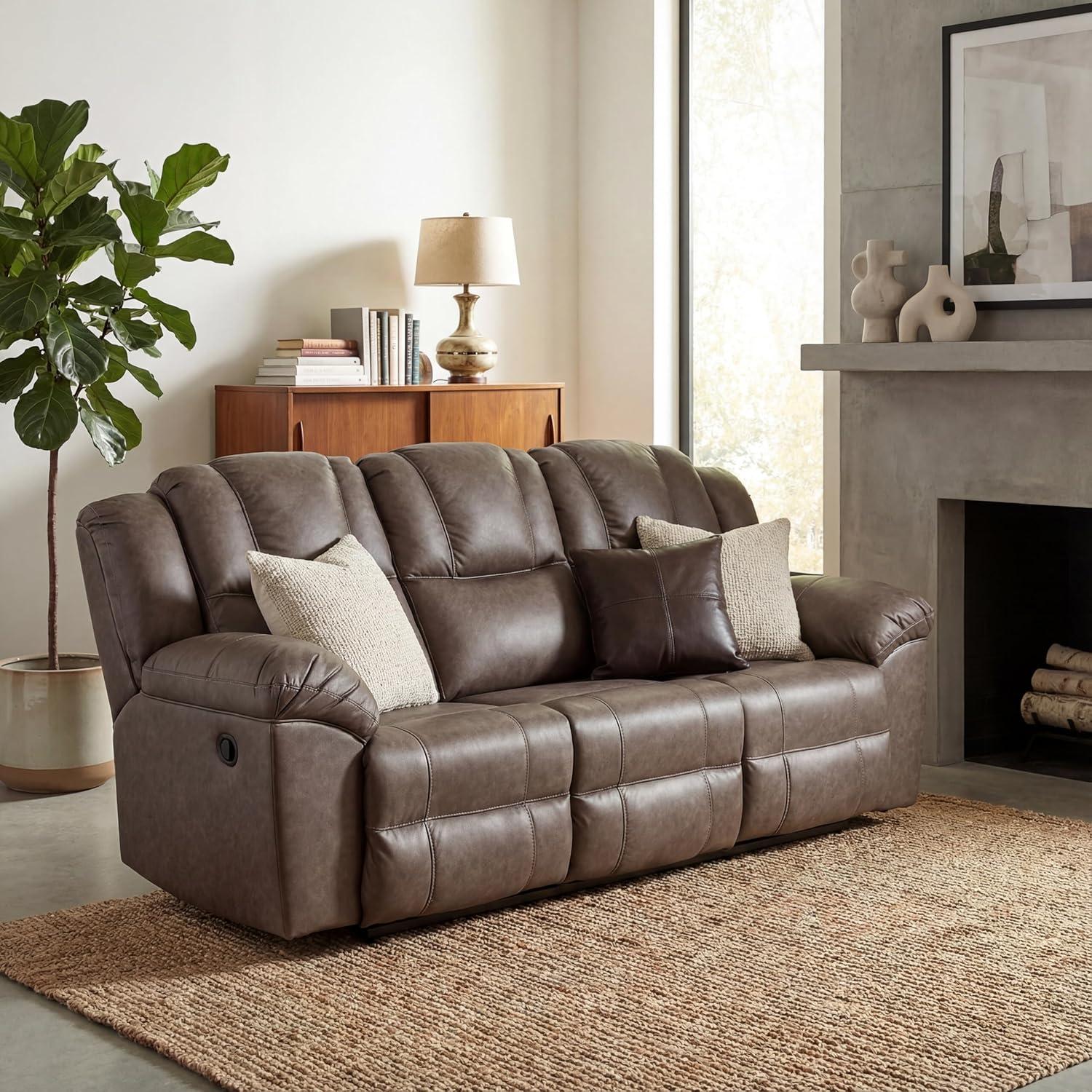 imageSignature Design by Ashley Windsley Casual Faux Leather Pull Tab Reclining Sofa with PillowTop Arms Dark BrownReclining Sofa