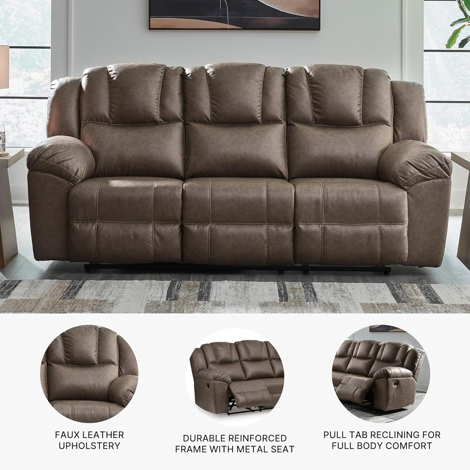 imageSignature Design by Ashley Windsley Casual Faux Leather Pull Tab Reclining Sofa with PillowTop Arms Dark BrownReclining Sofa
