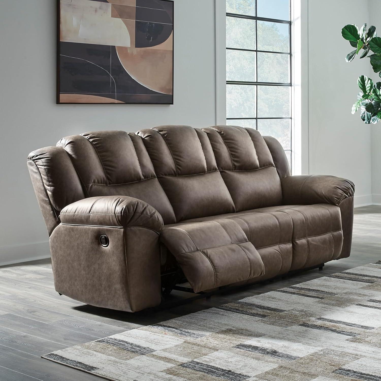 imageSignature Design by Ashley Windsley Casual Faux Leather Pull Tab Reclining Sofa with PillowTop Arms Dark BrownReclining Sofa