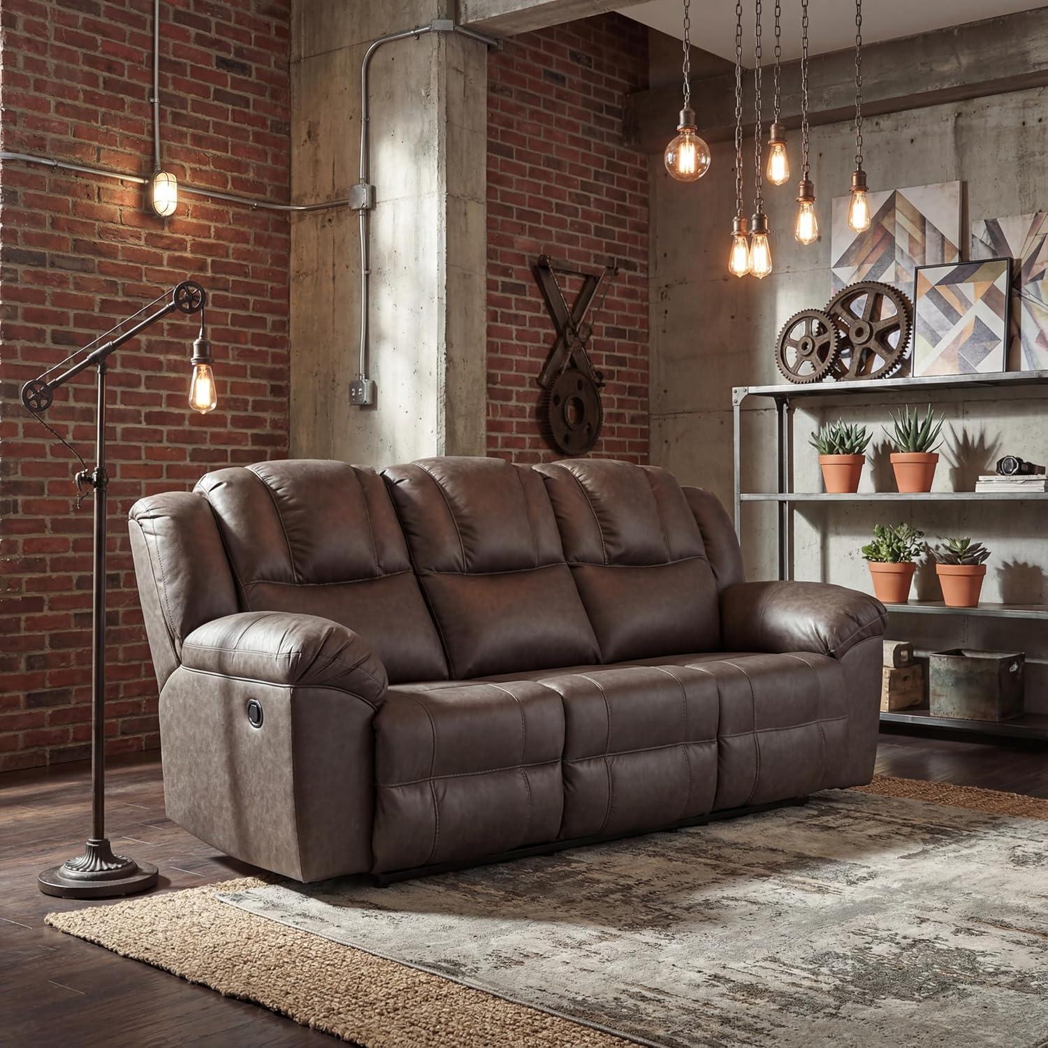 imageSignature Design by Ashley Windsley Casual Faux Leather Pull Tab Reclining Sofa with PillowTop Arms Dark BrownReclining Sofa