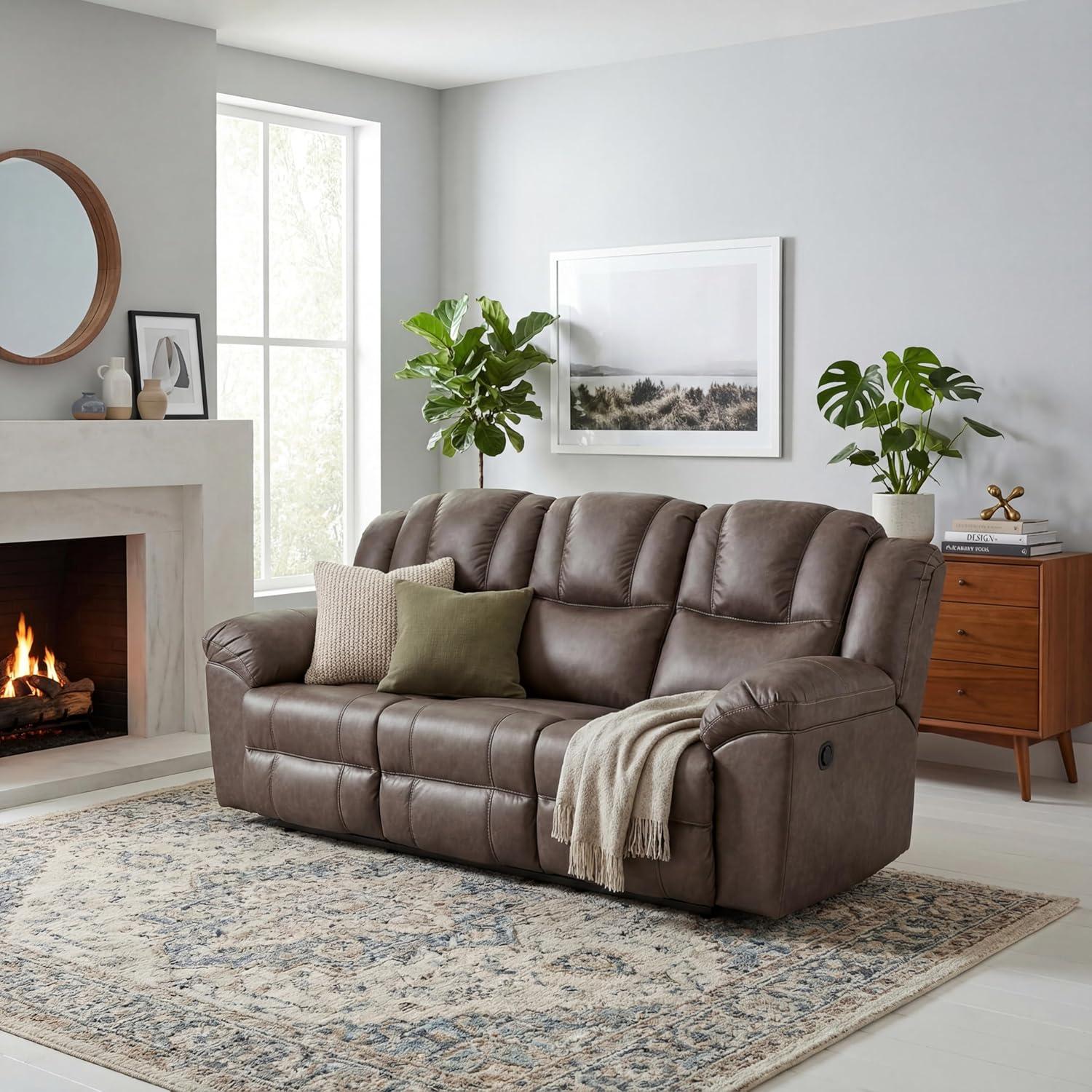 imageSignature Design by Ashley Windsley Casual Faux Leather Pull Tab Reclining Sofa with PillowTop Arms Dark BrownReclining Sofa