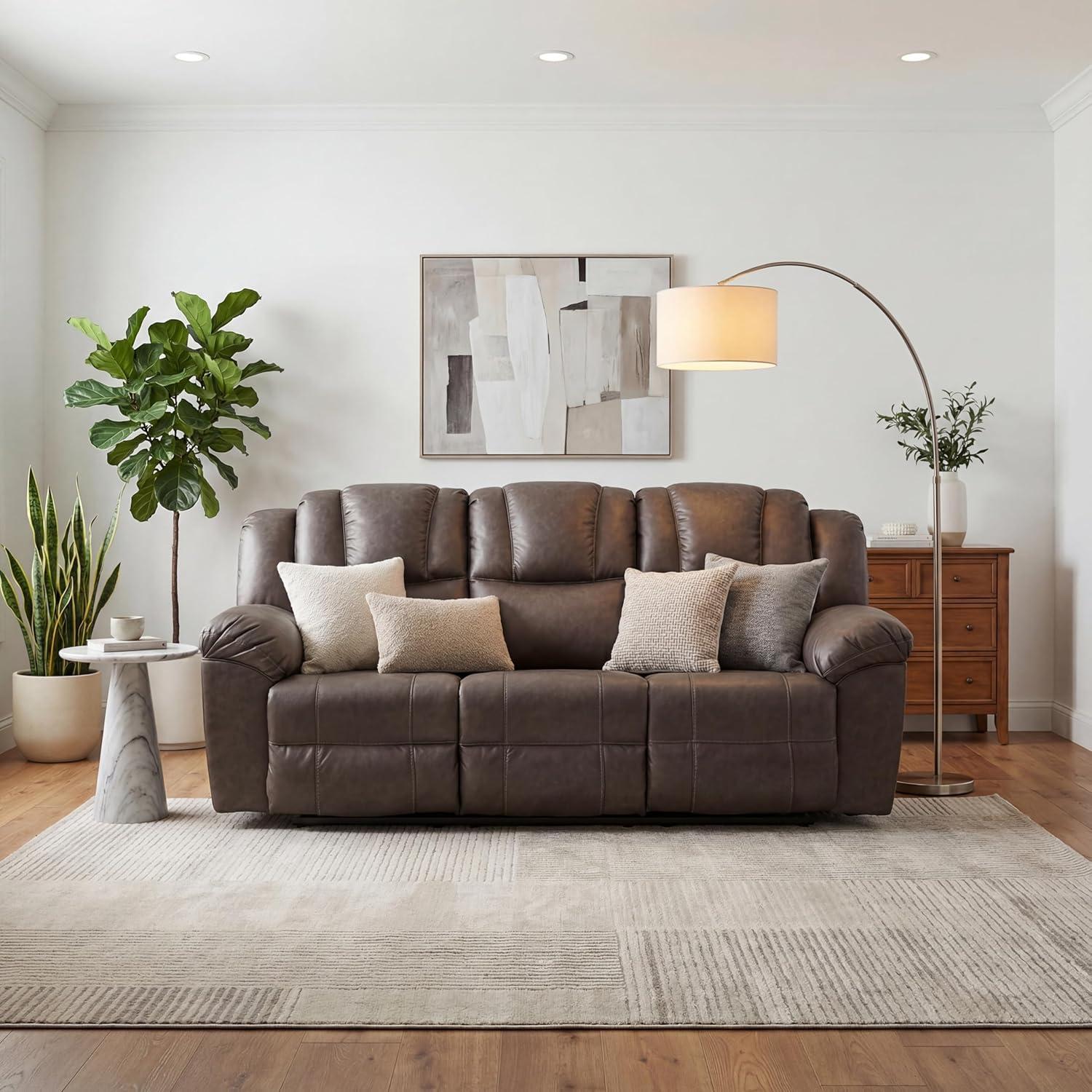 imageSignature Design by Ashley Windsley Casual Faux Leather Pull Tab Reclining Sofa with PillowTop Arms Dark BrownReclining Sofa