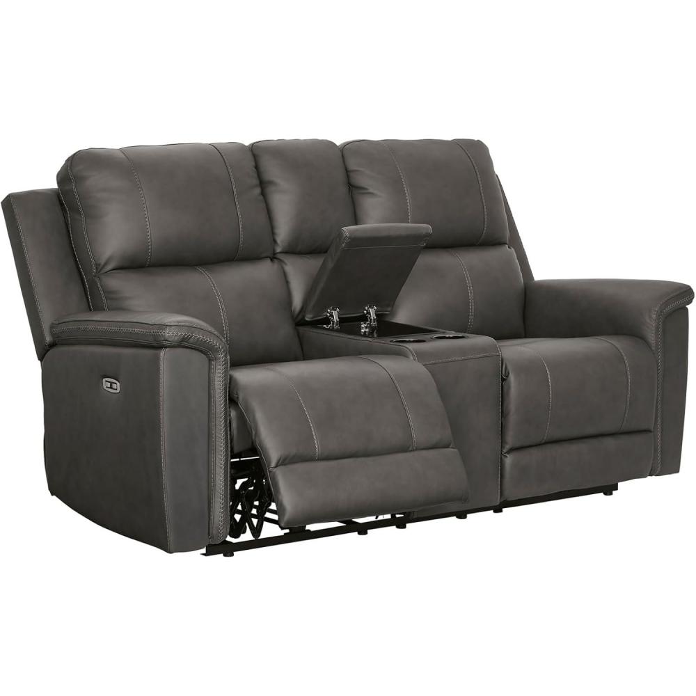 imageSignature Design by Ashley Burnley Contemporary Leather Match Power Reclining Loveseat with Console Adjustable Headrest USB Charging Port Storage and 2 Cup Holders Gray