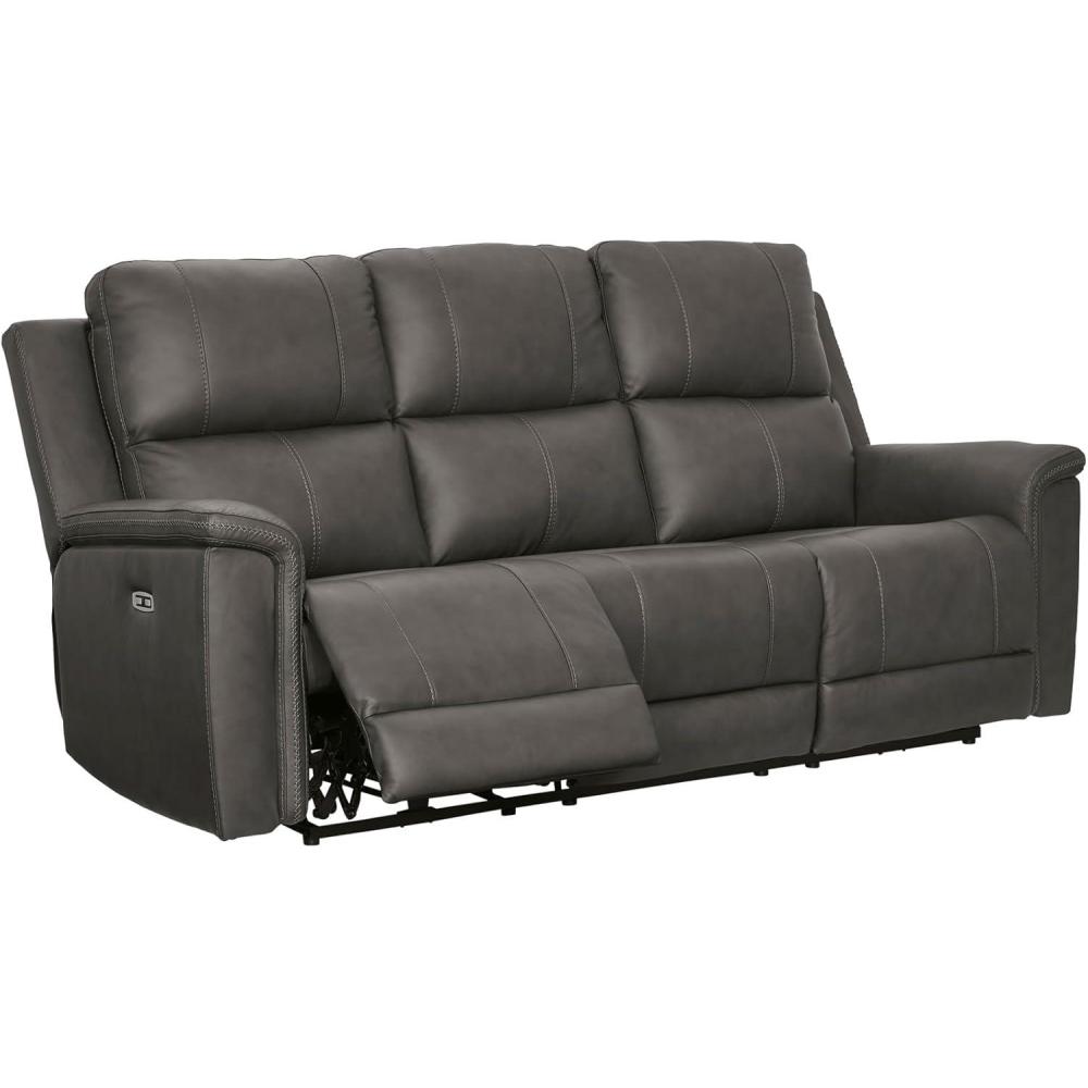 imageSignature Design by Ashley Burnley Contemporary Leather Match Power Reclining Sofa with Adjustable Headrest and USB Charging Port Gray