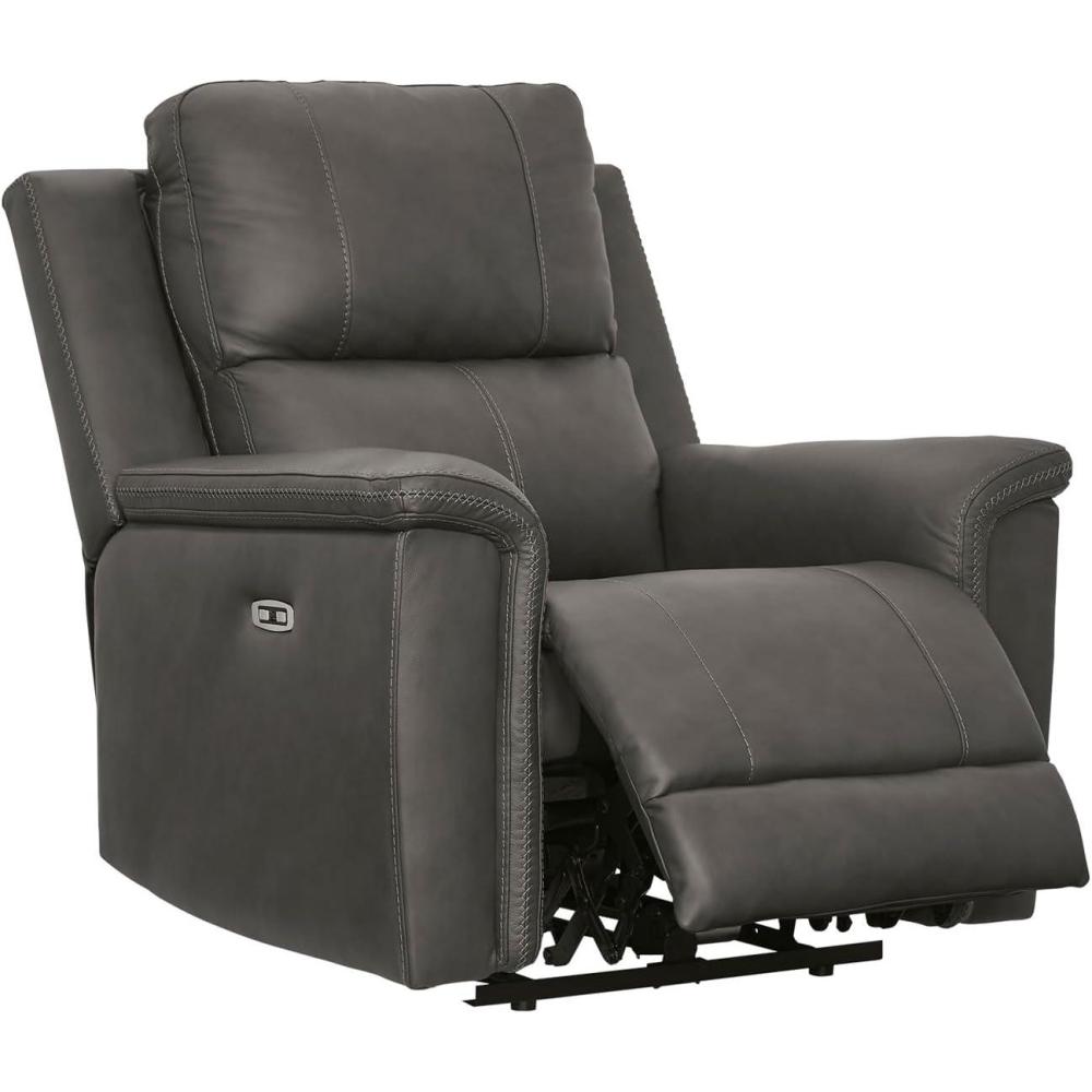 imageSignature Design by Ashley Burnley Urban Leather Match Wall Hugger Power Recliner Adjustable Headrest USB Charging Port and Storage Gray