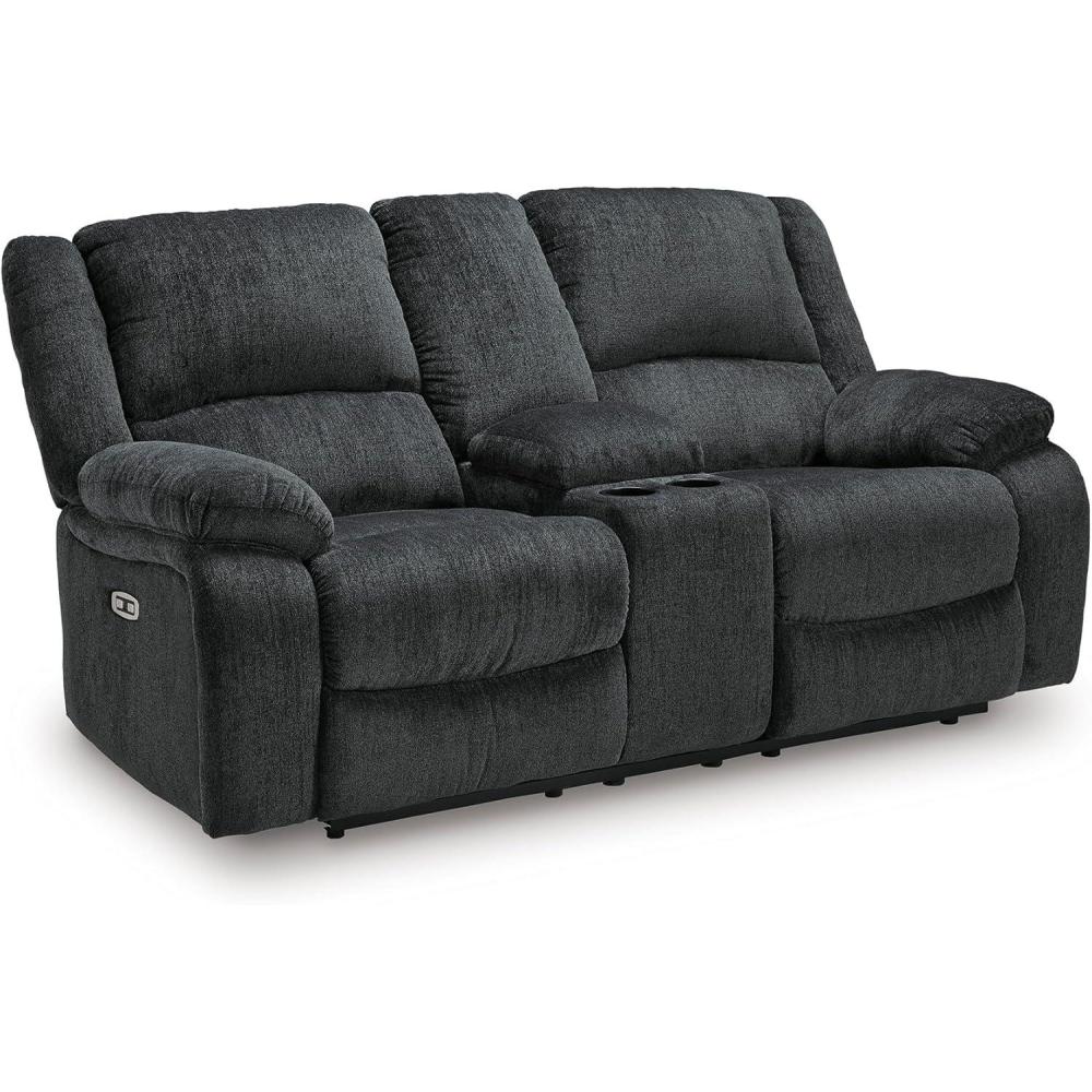 imageSignature Design by Ashley Draycoll Contemporary Reclining Loveseat with Storage Console and Cup Holders Pull Tab Reclining 21 Seat Height Dark GrayGrey
