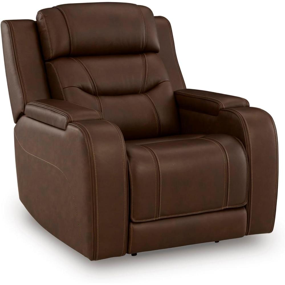 imageSignature Design by Ashley Guru Modern Leather Match Power Recliner with Audio Seating Adjustable Headrest USB Charging Port and Storage Dark Brown