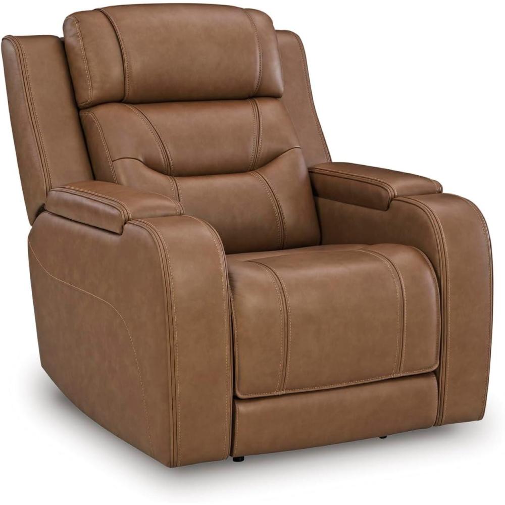 imageSignature Design by Ashley Guru Modern Leather Match Power Recliner with Audio Seating Adjustable Headrest USB Charging Port and Storage Light Brown