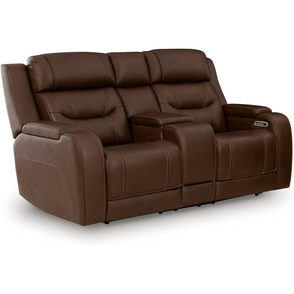 imageSignature Design by Ashley Guru Modern Leather Match Power Reclining Loveseat with Audio Seating Adjustable Headrest USB Charging Port Console Storage and 2 Cup Holders Light BrownDark Brown