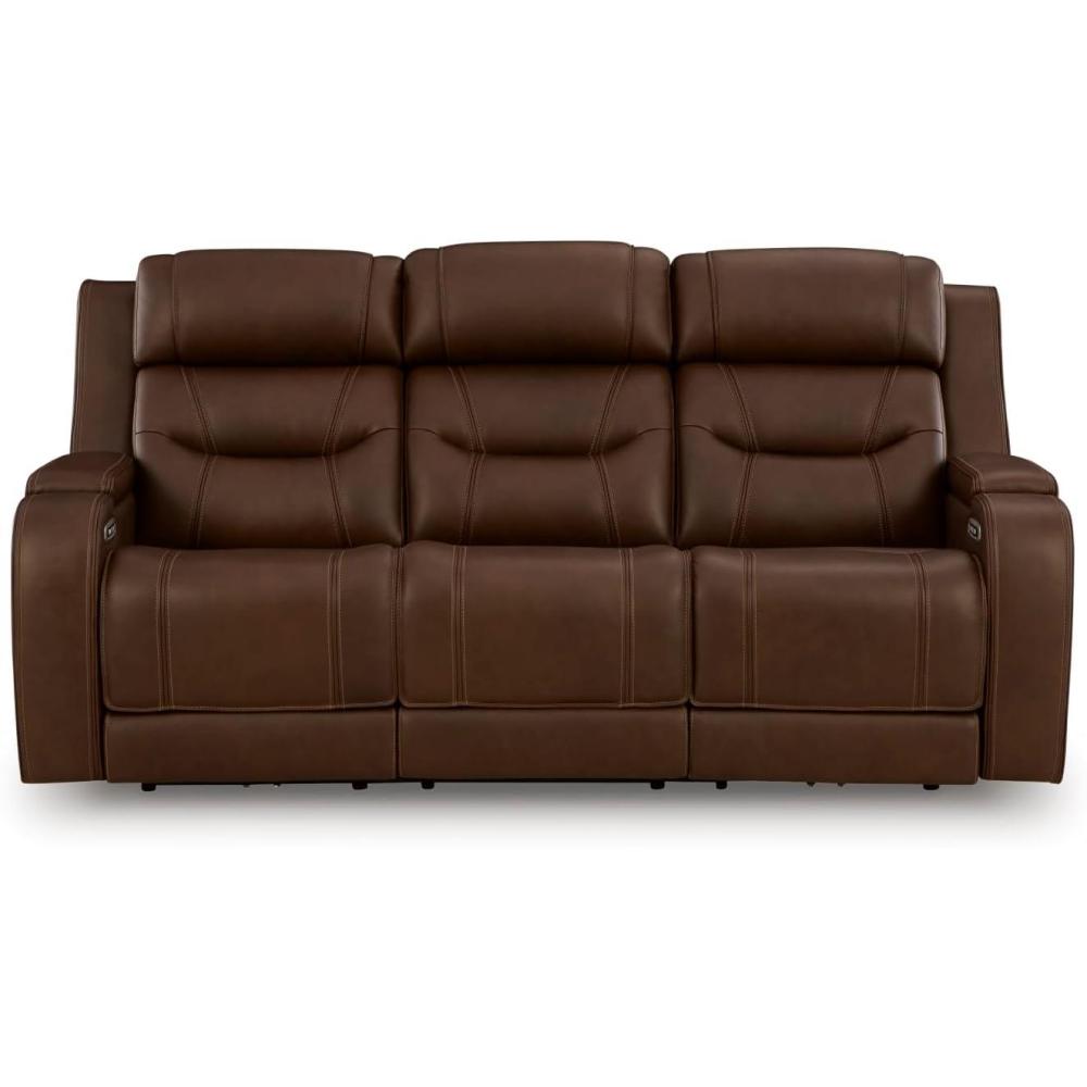 imageSignature Design by Ashley Guru Modern Leather Match Power Reclining Sofa with Audio Seating Drop Down Table Adjustable Headrest USB Charging Port and LED Light Light BrownDark Brown