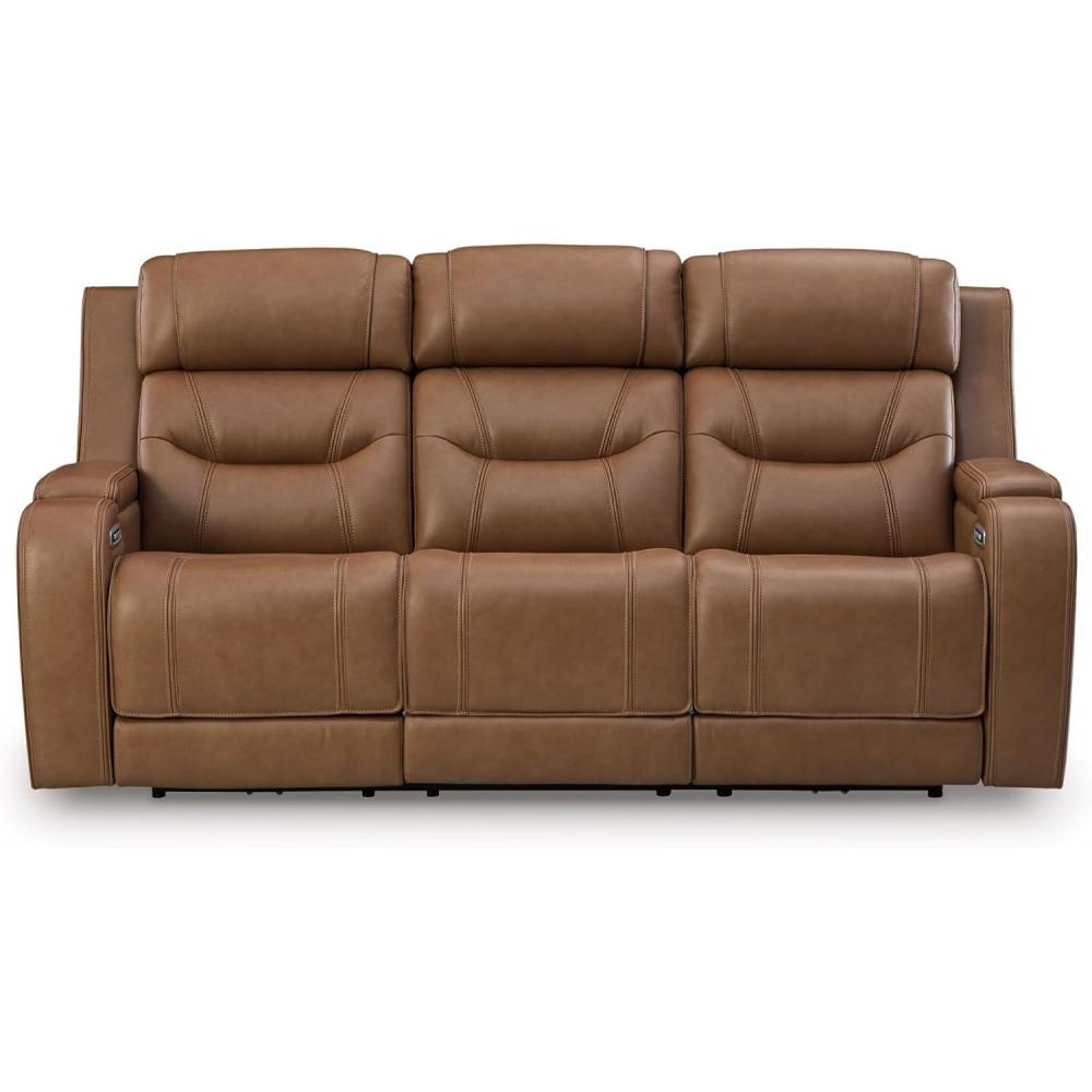 imageSignature Design by Ashley Guru Modern Leather Match Power Reclining Sofa with Audio Seating Drop Down Table Adjustable Headrest USB Charging Port and LED Light Dark BrownLight Brown