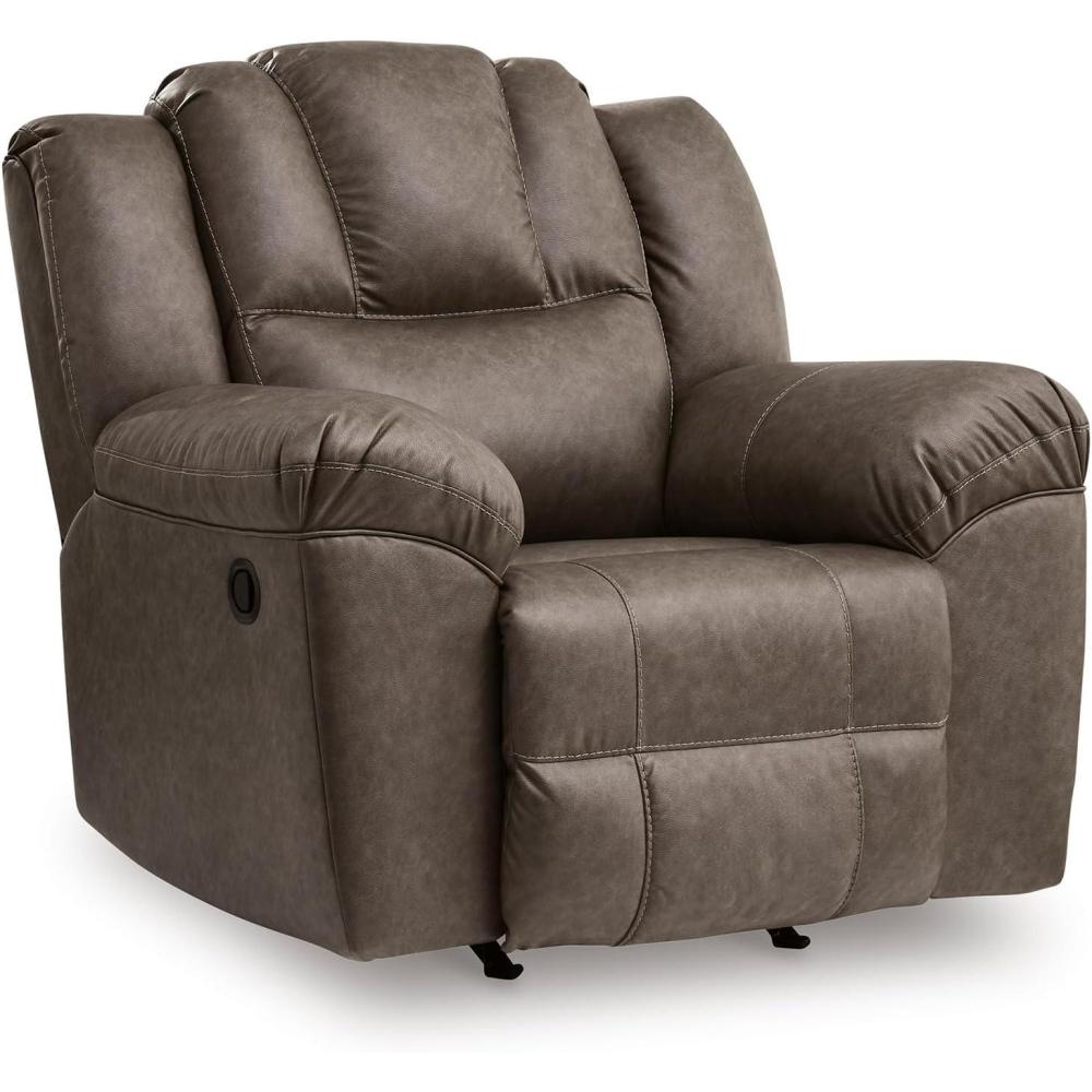 imageSignature Design by Ashley Knoxlee Contemporary Rocker Recliner Pull Tab Reclining Faux Leather Upholstery Foam Cushion 43 W x 41 D x 42 H Brown