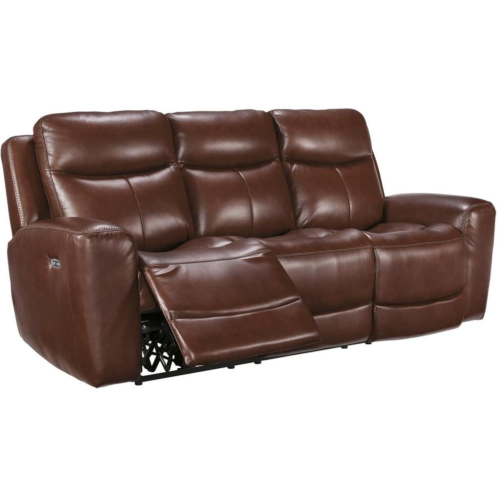 imageSignature Design by Ashley Mighty Moves Transitional Leather Match Power Reclining Sofa with Adjustable Headrest and USB Charging Port Dark Brown