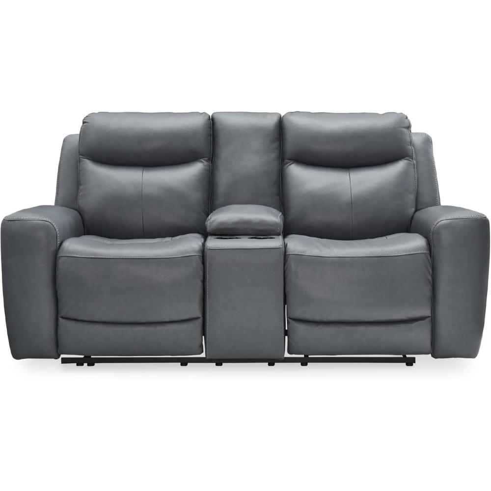 imageSignature Design by Ashley Mindanao Modern Leather Match Upholstered Power Reclining Loveseat with Console USB Ports and Cup Holders Gray