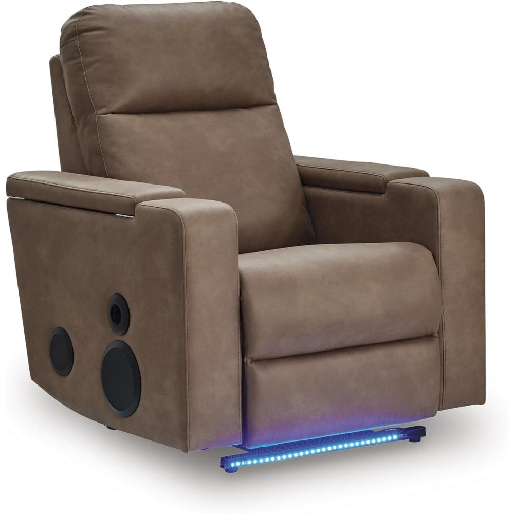 imageSignature Design by Ashley Monmouth Contemporary Faux Leather Power Glider Recliner with Audio System Adjustable Headrest Adjustable Lumbar LED Lighting and Massage System Light Brown