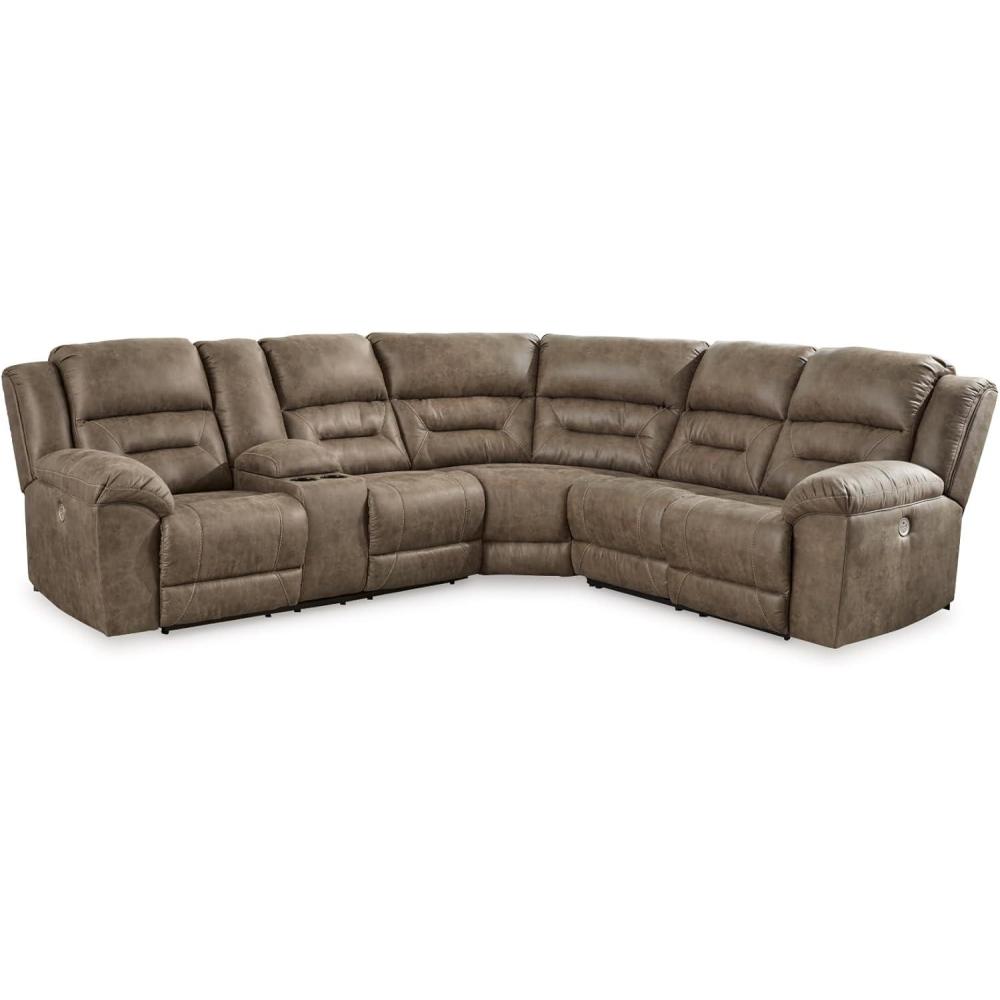 imageSignature Design by Ashley Ravenel Contemporary Faux Leather RightArm Facing 3Piece Power Reclining Sectional with Armrest Storage and USB Port Dark Brown