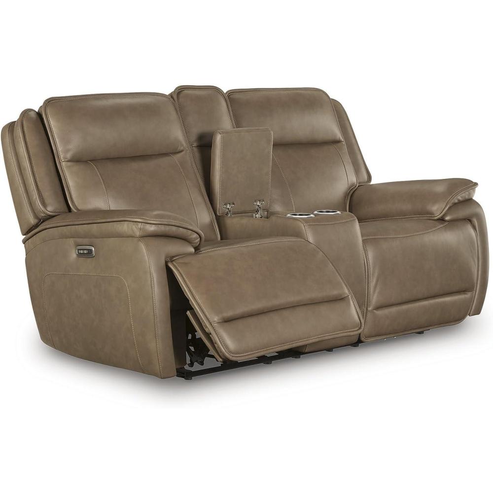 imageSignature Design by Ashley Rondelay Modern Leather Match Power Reclining Loveseat with Console USB Charging Ports and Adjustable Headrest Dark Brown