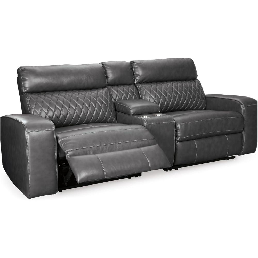 imageSignature Design by Ashley Samperstone Contemporary Faux Leather Wall Hugger 3Piece Power Reclining Sectional Loveseat with Console Cup Holders and USB Ports Gray