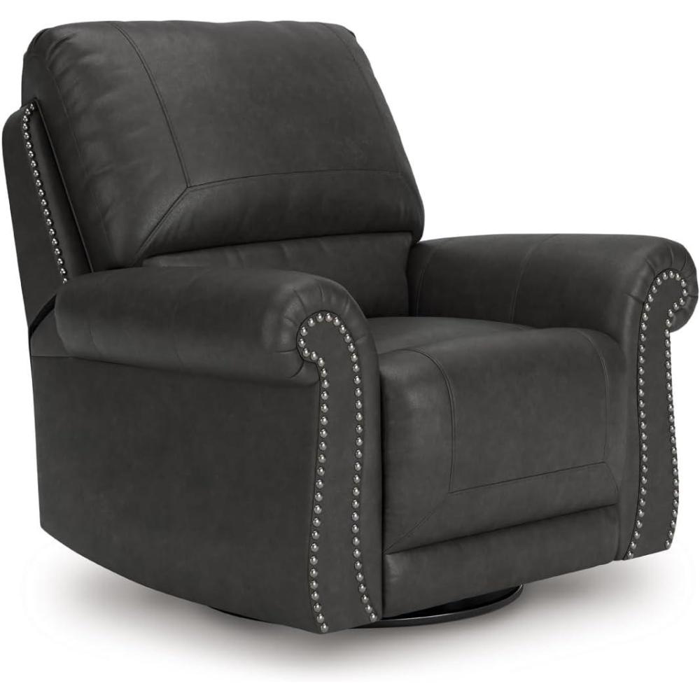 imageSignature Design by Ashley Shadsburne Classic Faux Leather Manual Rocker Swivel Glider Recliner with Nailhead Trim BrownGranite