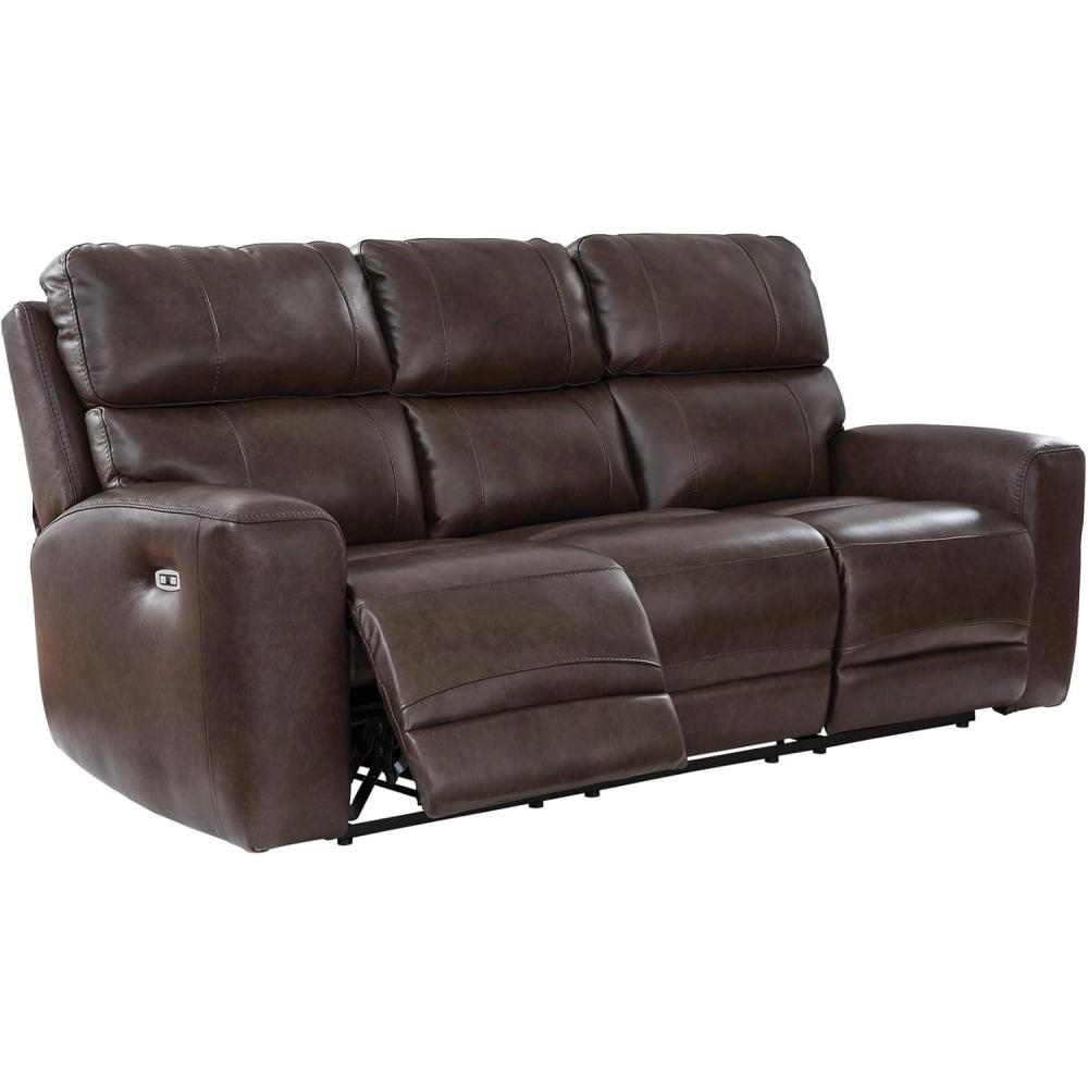 imageSignature Design by Ashley Side Step Modern Leather Match Power Reclining Sofa with Adjustable Headrest USB Ports DropDown Table and LED Lights Dark Brown