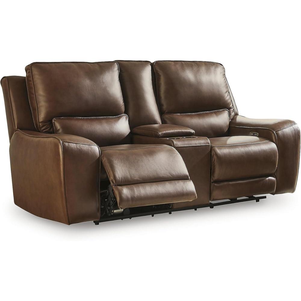 imageSignature Design by Ashley Spear Hill Contemporary Leather Match Power Reclining Loveseat with Console Adjustable Headrest and USB Port Dark Brown
