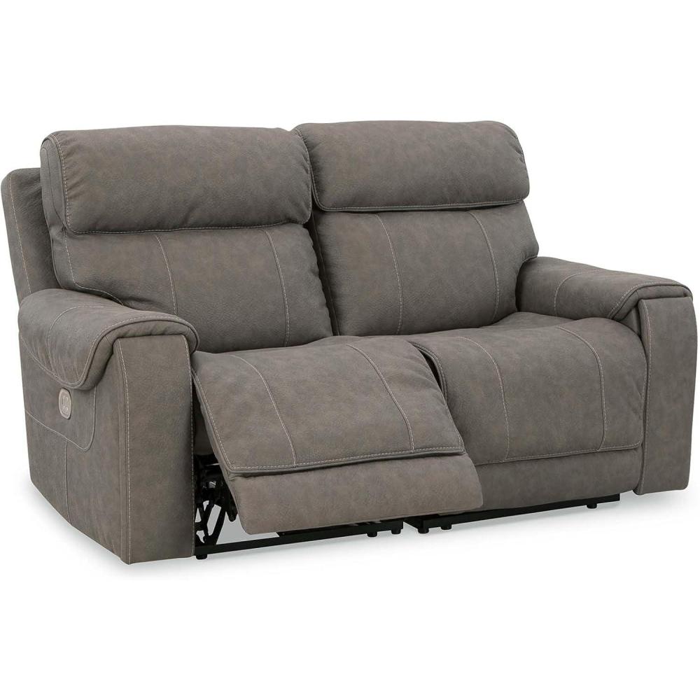 imageSignature Design by Ashley Starbot Contemporary Faux Leather Wall Hugger 2Piece Power Reclining Sectional Loveseat with Adjustable Headrest PopOut Cup Holders and USB Ports Gray