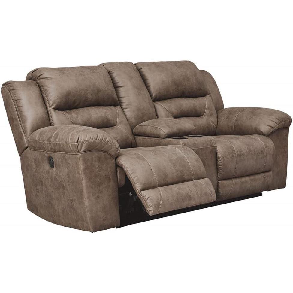imageSignature Design by Ashley Stoneland Faux Leather Manual Double Reclining Loveseat with Center Console Dark BrownGrey