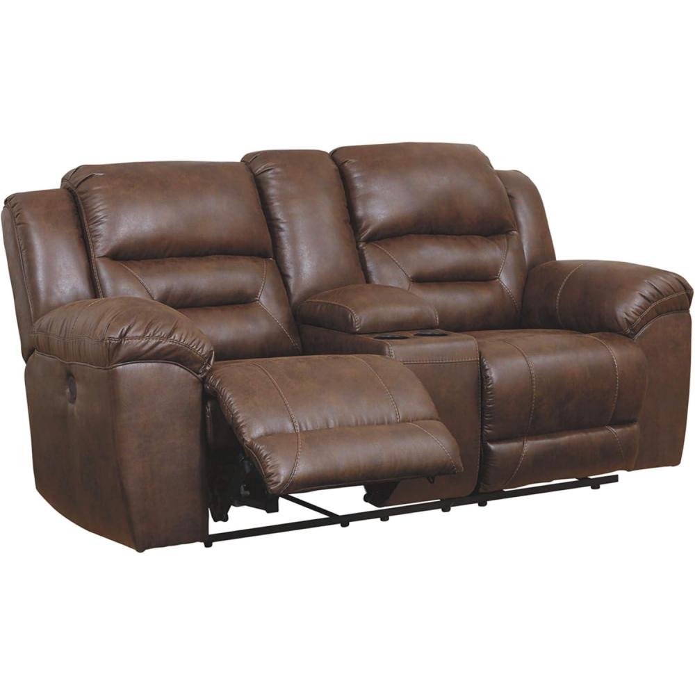 imageSignature Design by Ashley Stoneland Faux Leather Power Double Reclining Loveseat with Center Console Dark BrownBrown