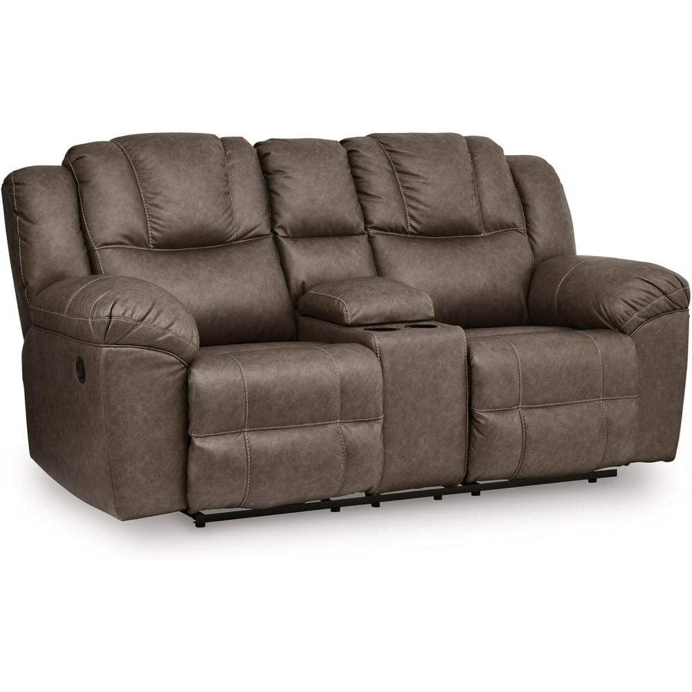 imageSignature Design by Ashley Windsley Casual Faux Leather Pull Tab Reclining Sofa with PillowTop Arms Dark BrownReclining Loveseat with Console