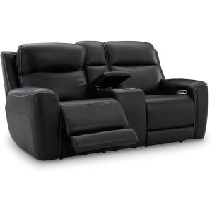 Signature Design by Ashley 5Z-Dreamlight Modern Leather Match Power Reclining Loveseat with Console, Adjustable Headrest and USB Charging, Black
