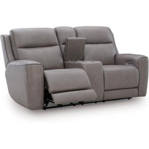 Signature Design by Ashley 5Z-Dreamlight Modern Leather Match Power Reclining Loveseat with Console, Adjustable Headrest and USB Charging, Gray