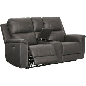 Signature Design by Ashley Burnley Contemporary Leather Match Power Reclining Loveseat with Console, Adjustable Headrest, USB Charging Port, Storage and 2 Cup Holders, Gray