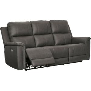 Signature Design by Ashley Burnley Contemporary Leather Match Power Reclining Sofa with Adjustable Headrest and USB Charging Port, Gray