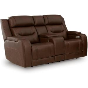 Signature Design by Ashley Guru Modern Leather Match Power Reclining Loveseat with Audio Seating, Adjustable Headrest, USB Charging Port, Console, Storage and 2 Cup Holders, Dark Brown(Dark Brown)