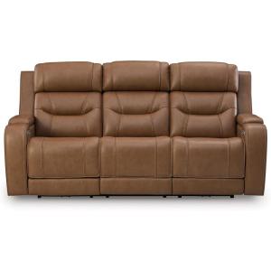 Signature Design by Ashley Guru Modern Leather Match Power Reclining Sofa with Audio Seating, Drop Down Table, Adjustable Headrest, USB Charging Port and LED Light, Light Brown(Light Brown)