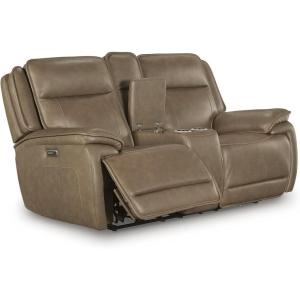 Signature Design by Ashley Rondelay Modern Leather Match Power Reclining Loveseat with Console, USB Charging Ports and Adjustable Headrest, Dark Brown