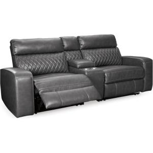 Signature Design by Ashley Samperstone Contemporary Faux Leather Wall Hugger 3-Piece Power Reclining Sectional Loveseat with Console, Cup Holders and USB Ports, Gray