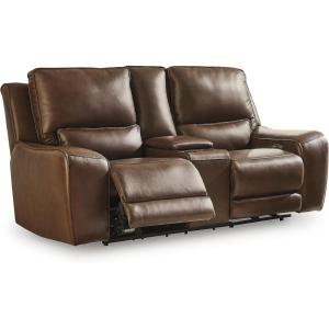 Signature Design by Ashley Spear Hill Contemporary Leather Match Power Reclining Loveseat with Console, Adjustable Headrest and USB Port, Dark Brown